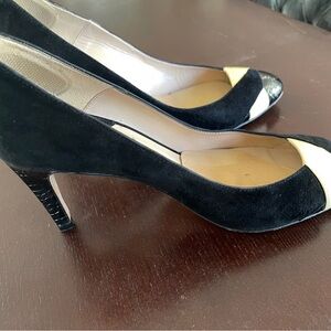 Reiss Cream and Black High Heels with Peep-Toe Design